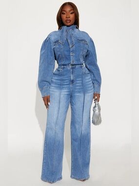 NWT Fashion Nova Sold-Out Wide Leg Denim Jumpsuit Plus Size 1X
